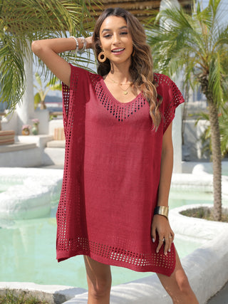 Shop Slit Openwork V-Neck Cover-Up - High-Quality U.S. Made Women’s Fashion with Free & Fast Shipping