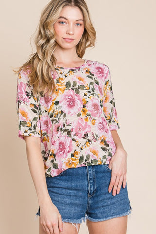 Shop BOMBOM Floral Round Neck T-Shirt - High-Quality U.S. Made Women’s Fashion with Free & Fast Shipping