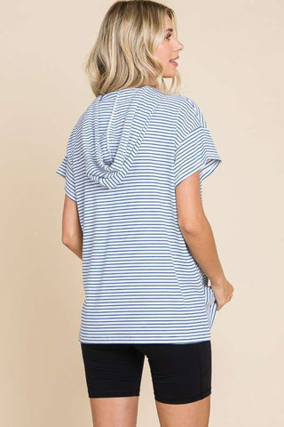 Shop Culture Code Full Size Striped Short Sleeve Hooded Top - High-Quality U.S. Made Women’s Fashion with Free & Fast Shipping