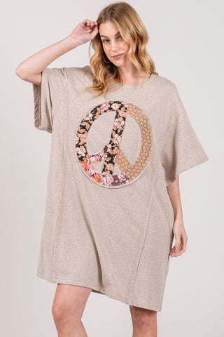 Shop Oatmeal SAGE + FIG Full Size Peace Sign Applique Short Sleeve Tee Dress - High-Quality U.S. Made Women’s Fashion with Free & Fast Shipping