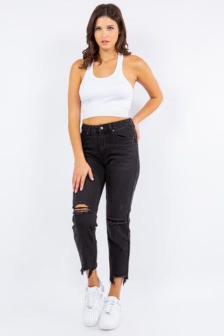 Shop American Bazi High Waist Distressed Cropped Straight Jeans - High-Quality U.S. Made Women’s Fashion with Free & Fast Shipping