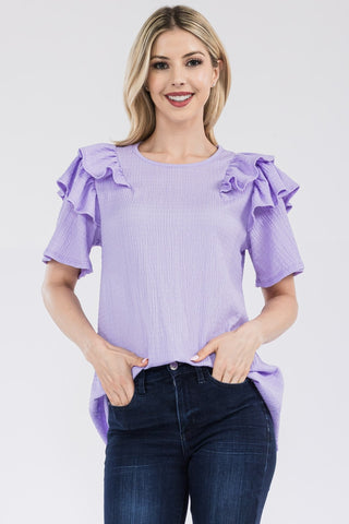 Shop Lavender Celeste Full Size Ruffle Layered Short Sleeve Texture Top - High-Quality U.S. Made Women’s Fashion with Free & Fast Shipping