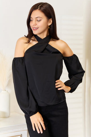 Shop Black Grecian Cold Shoulder Long Sleeve Blouse - High-Quality U.S. Made Women’s Fashion with Free & Fast Shipping