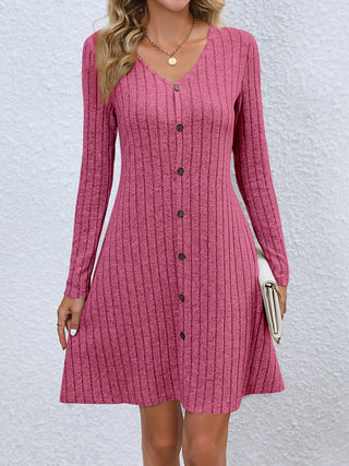 Shop Hot Pink V-Neck Long Sleeve Mini Dress - High-Quality U.S. Made Women’s Fashion with Free & Fast Shipping