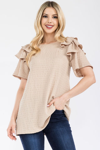 Shop Beige Celeste Full Size Ruffle Layered Short Sleeve Texture Top - High-Quality U.S. Made Women’s Fashion with Free & Fast Shipping