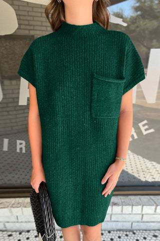 Shop Dark Green Ribbed Pocketed Mock Neck Short Sleeve Sweater - High-Quality U.S. Made Women’s Fashion with Free & Fast Shipping