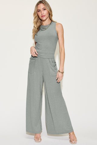 Shop Basic Bae Full Size Ribbed Tank and Wide Leg Pants Set - High-Quality U.S. Made Women’s Fashion with Free Fast Shipping