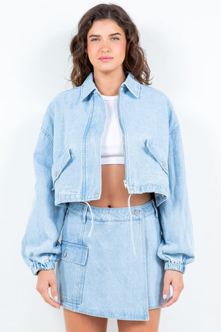 Shop American Bazi Drawstring Waist Crop Denim Jacket - High-Quality U.S. Made Women’s Fashion with Free Fast Shipping