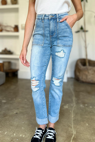 Shop Judy Blue Full Size Distressed Straight Jeans with Patch Pockets - High-Quality U.S. Made Women’s Fashion with Free & Fast Shipping