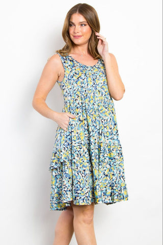 Shop Blue Be Stage Full Size Print Wrinkle Free Ruffled Dress - High-Quality U.S. Made Women’s Fashion with Free & Fast Shipping