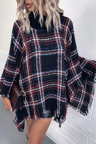 Shop Plaid Turtleneck Fringe Hem Poncho - High-Quality U.S. Made Women’s Fashion with Free Fast Shipping