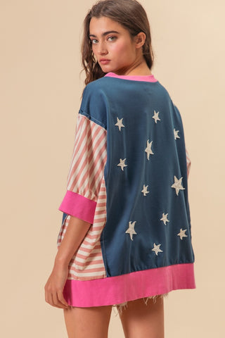 Shop BiBi US Flag Theme Color Block Star Patch T-Shirt - High-Quality U.S. Made Women’s Fashion with Free & Fast Shipping