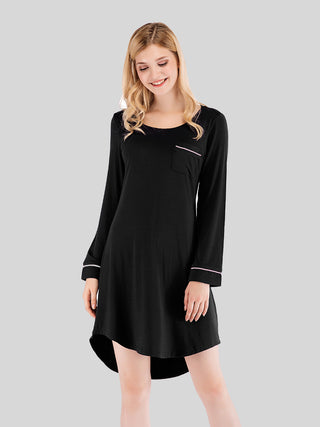 Shop Black Round Neck Night Dress with Pocket - High-Quality U.S. Made Women’s Fashion with Free & Fast Shipping