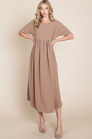 Shop Mocha BOMBOM Round Neck Ruched Midi Dress - High-Quality U.S. Made Women’s Fashion with Free & Fast Shipping