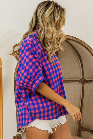 Shop BiBi Plaid Button Up Dolman Sleeve Shirt - High-Quality U.S. Made Women’s Fashion with Free & Fast Shipping