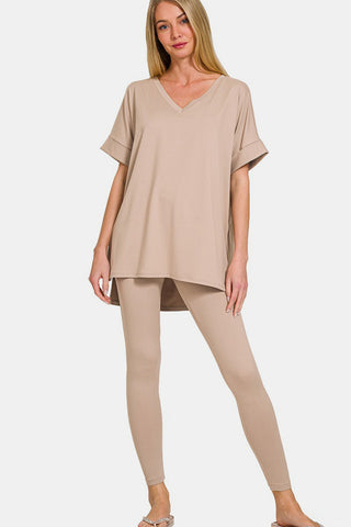 Shop Lt Mocha Zenana Full Size V-Neck Rolled Short Sleeve T-Shirt and Leggings Lounge Set - High-Quality U.S. Made Women’s Fashion with Free & Fast Shipping