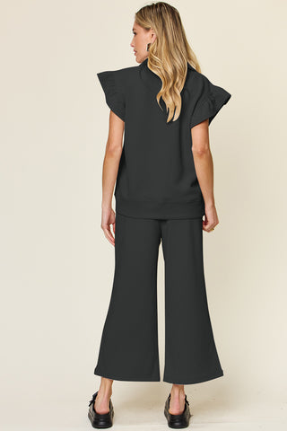 Shop Double Take Texture Ruffle Short Sleeve Top and Drawstring Wide Leg Pants Set - High-Quality U.S. Made Women’s Fashion with Free Fast Shipping