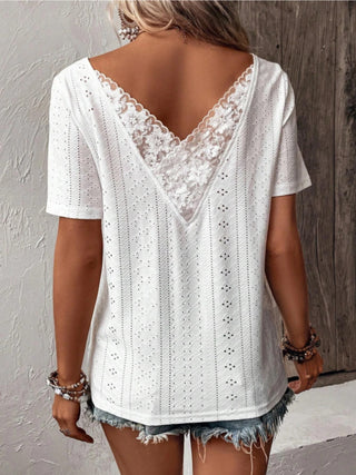 Shop White Lace Detail Eyelet Short Sleeve Blouse - High-Quality U.S. Made Women’s Fashion with Free & Fast Shipping