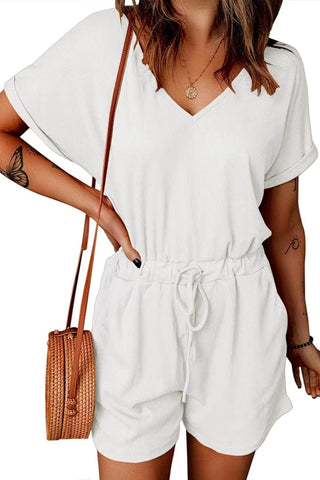 Shop Full Size Drawstring V-Neck Short Sleeve Romper - High-Quality U.S. Made Women’s Fashion with Free Fast Shipping