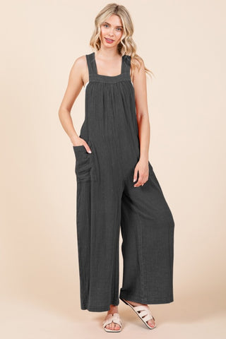 Shop Black Culture Code Pocketed Sleeveless Wide Leg Overalls - High-Quality U.S. Made Women’s Fashion with Free & Fast Shipping