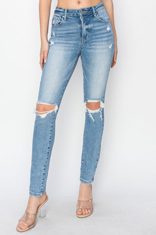 Shop Risen Full Size High Rise Knee Distressed Skinny Jeans - High-Quality U.S. Made Women’s Fashion with Free & Fast Shipping