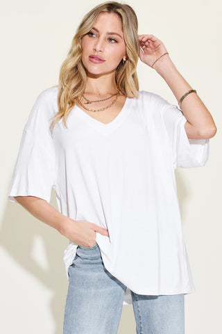 Shop Basic Bae Full Size Bamboo V-Neck Drop Shoulder T-Shirt - High-Quality U.S. Made Women’s Fashion with Free Fast Shipping