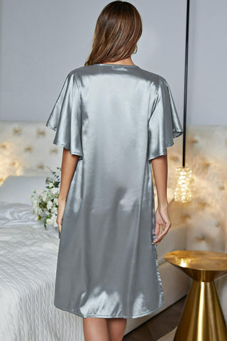 Shop Satin Flutter Sleeve Side Slit V-Neck Night Dress - High-Quality U.S. Made Women’s Fashion with Free & Fast Shipping