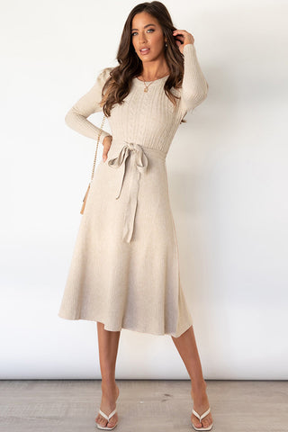 Shop Beige Round Neck Long Sleeve Tie Waist Sweater Dress - High-Quality U.S. Made Women’s Fashion with Free & Fast Shipping