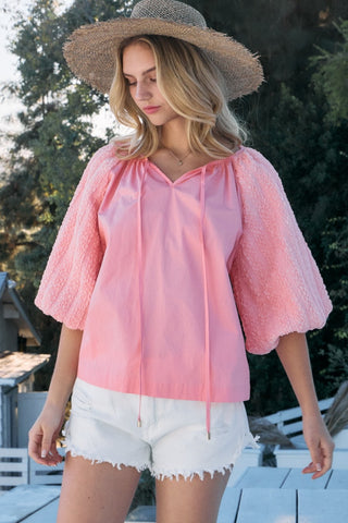 Shop ODDI Full Size Poplin Bubble Sleeve Blouse - High-Quality U.S. Made Women’s Fashion with Free & Fast Shipping