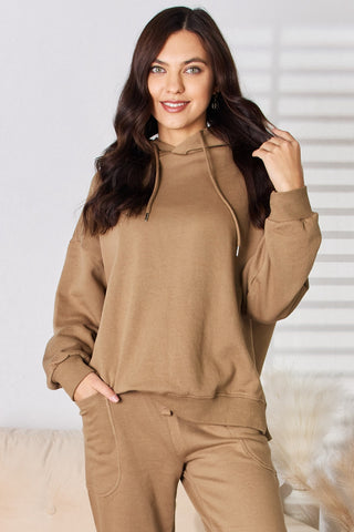 Shop Mocha RISEN Drawstring Drop Shoulder Long Sleeve Hoodie - High-Quality U.S. Made Women’s Fashion with Free & Fast Shipping