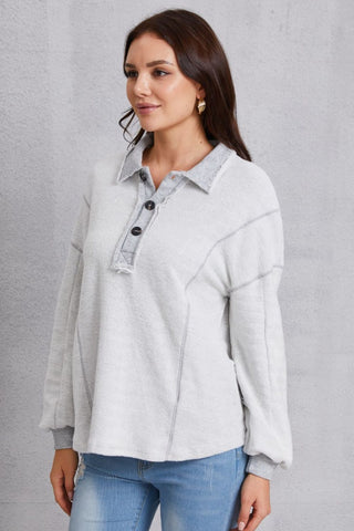 Shop Half Button Dropped Shoulder Sweatshirt - High-Quality U.S. Made Women’s Fashion with Free Fast Shipping