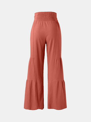 Shop Orange-Red Tied Ruched Wide Leg Pants - High-Quality U.S. Made Women’s Fashion with Free & Fast Shipping