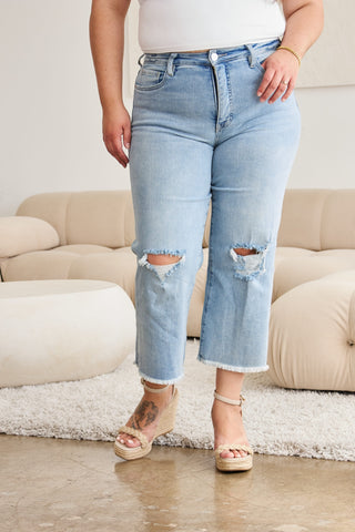 Shop RFM Full Size Tummy Control High Waist Raw Hem Distressed Jeans - High-Quality U.S. Made Women’s Fashion with Free & Fast Shipping