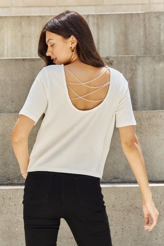 Shop Off White And The Why Pearly White Full Size Criss Cross Pearl Detail Open Back T-Shirt - High-Quality U.S. Made Women’s Fashion with Free & Fast Shipping