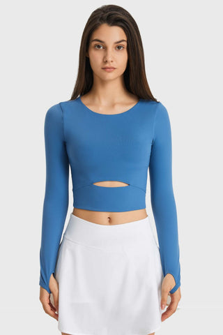 Shop Blue Millennia Cutout Long Sleeve Cropped Sports Top - High-Quality U.S. Made Women’s Fashion with Free & Fast Shipping