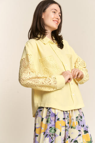 Shop J.NNA Button Down Lace Long Sleeve Waffle Shirt - High-Quality U.S. Made Women’s Fashion with Free & Fast Shipping