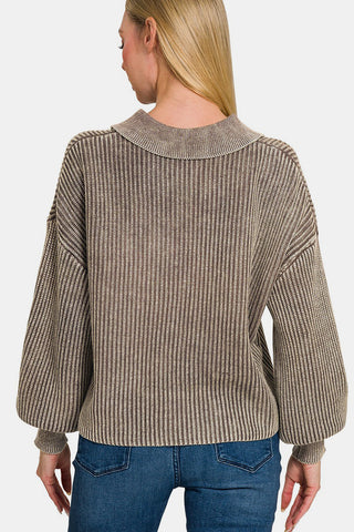 Shop Zenana Washed Half Button Long Sleeve Sweater - High-Quality U.S. Made Women’s Fashion with Free & Fast Shipping