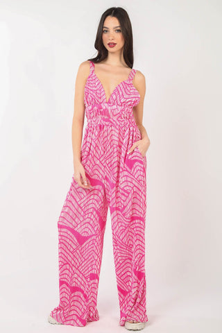 Shop HOTPINK VERY J Printed Pleated Sleeveless Wide Leg Jumpsuit - High-Quality U.S. Made Women’s Fashion with Free & Fast Shipping