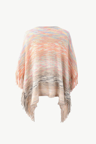 Shop Round Neck Fringe Detail Poncho - High-Quality U.S. Made Women’s Fashion with Free Fast Shipping