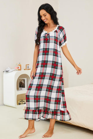 Shop Plaid Lace Trim Ruffle Hem Night Dress - High-Quality U.S. Made Women’s Fashion with Free & Fast Shipping