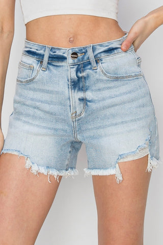 Shop LIGHT RISEN High Waist Frayed Detail Denim Shorts - High-Quality U.S. Made Women’s Fashion with Free & Fast Shipping