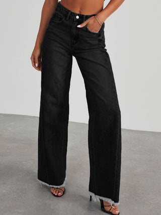 Shop Black Raw Hem Wide Leg Jeans with Pockets - High-Quality U.S. Made Women’s Fashion with Free & Fast Shipping