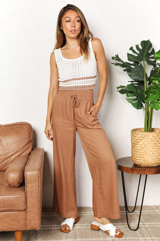 Shop Double Take Drawstring Smocked Waist Wide Leg Pants - High-Quality U.S. Made Women’s Fashion with Free & Fast Shipping