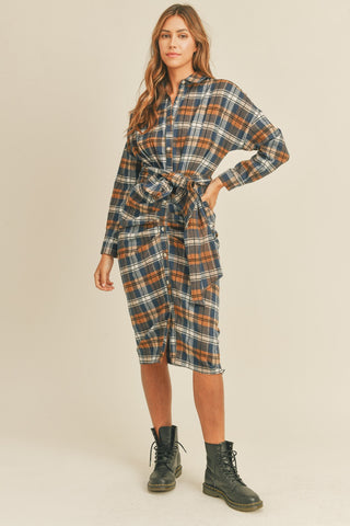 Shop Camel Mable Plaid Flannel Front Tie Button Down Shirt Dress - High-Quality U.S. Made Women’s Fashion with Free & Fast Shipping