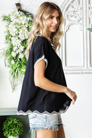 Shop First Love Full Size Contrast Wavy Crochet Drop Shoulder Knit Top - High-Quality U.S. Made Women’s Fashion with Free & Fast Shipping