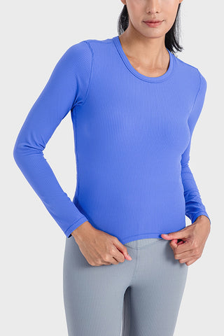 Shop Cobalt Blue Millennia Round Neck Long Sleeve Sports Top - High-Quality U.S. Made Women’s Fashion with Free & Fast Shipping