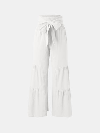 Shop White Tied Ruched Wide Leg Pants - High-Quality U.S. Made Women’s Fashion with Free & Fast Shipping