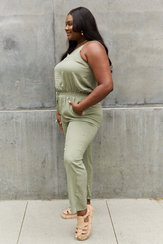 Shop ODDI Full Size Textured Woven Jumpsuit in Sage - High-Quality U.S. Made Women’s Fashion with Free & Fast Shipping