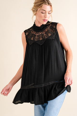 Shop Black And The Why Lace Detail Sleeveless Ruffled Top - High-Quality U.S. Made Women’s Fashion with Free & Fast Shipping