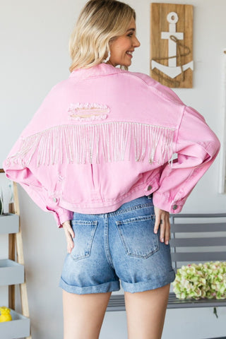 Shop Veveret Fringe Distressed Button Up Denim Jacket - High-Quality U.S. Made Women’s Fashion with Free & Fast Shipping